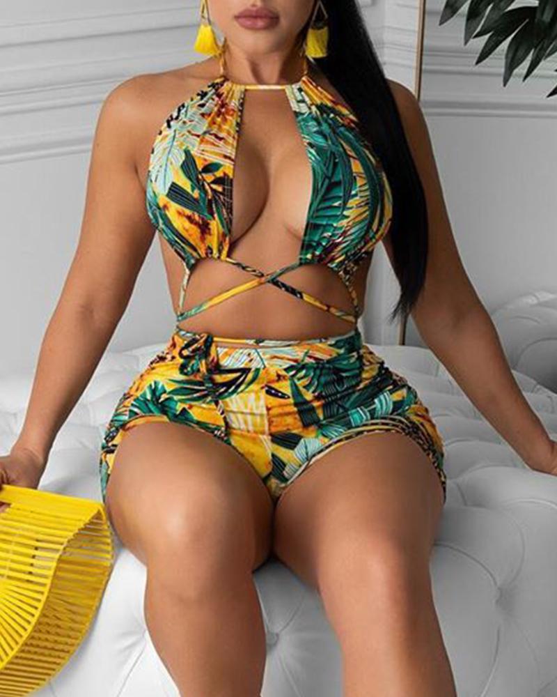 

Tropical Print Halter Backless Bikini Set, Yellow