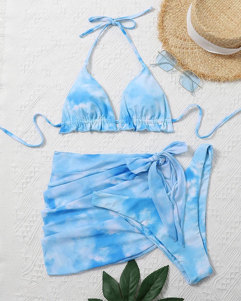 

3pack Tie Dye Print Tie Side Bikini Set & Cover Up Skirt, Blue