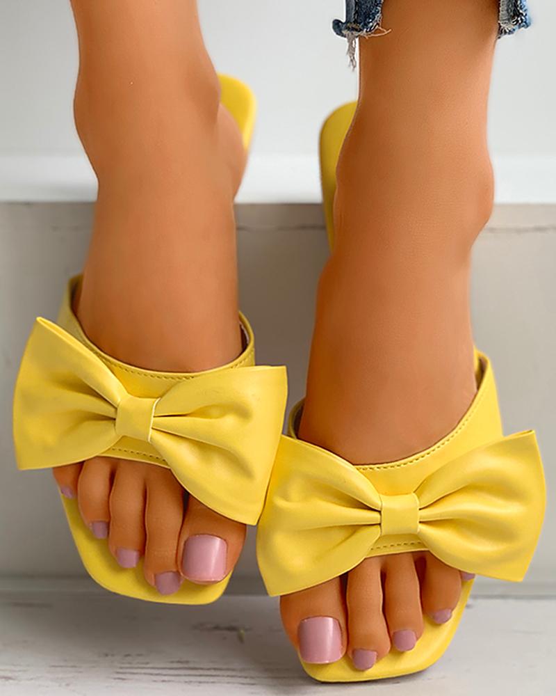 

Square Toe Bowknot Decor Heeled Sandals, Yellow