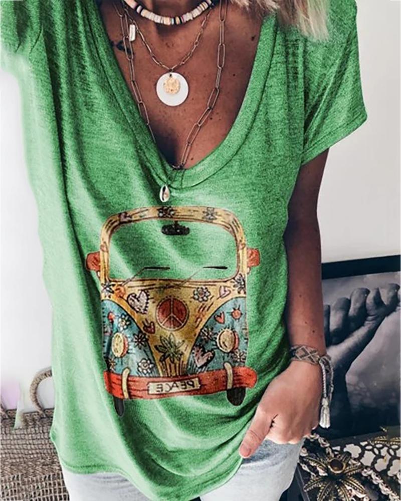 

Car Print V-neck Casual T-shirt, Green