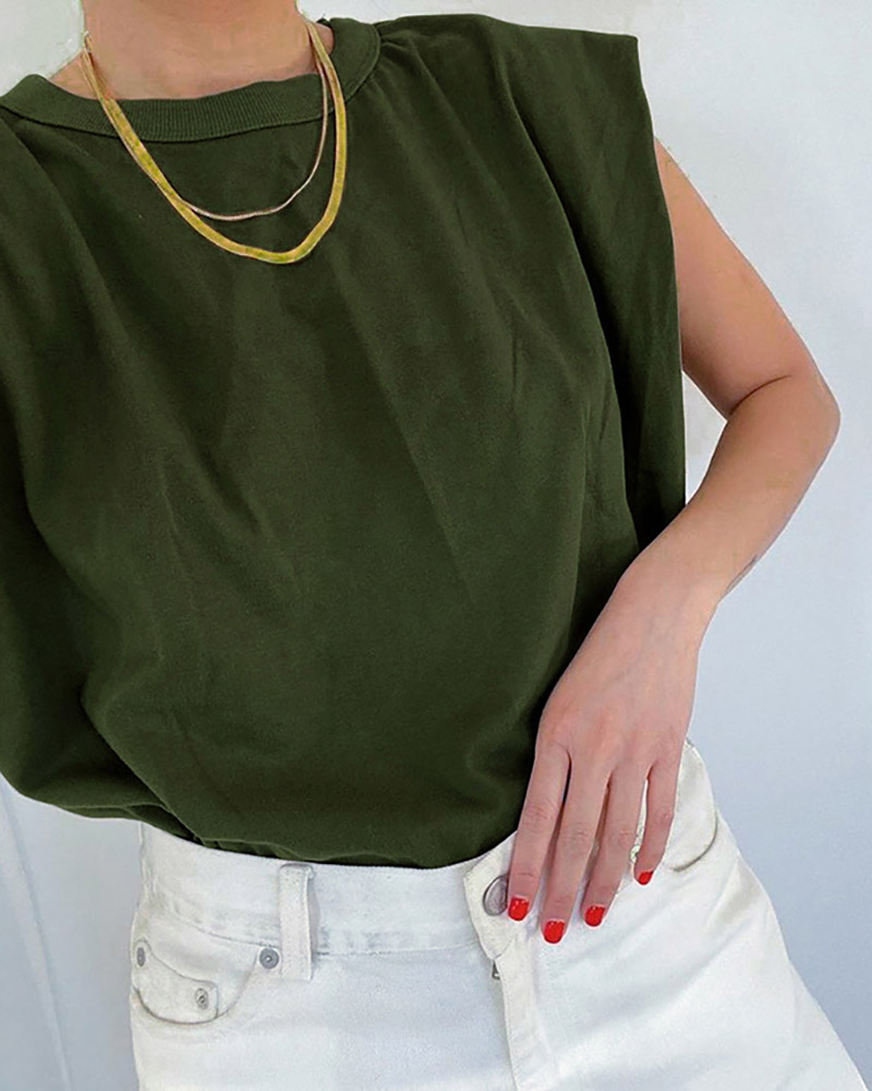 

Sleeveless Round Neck Casual Top, Army green