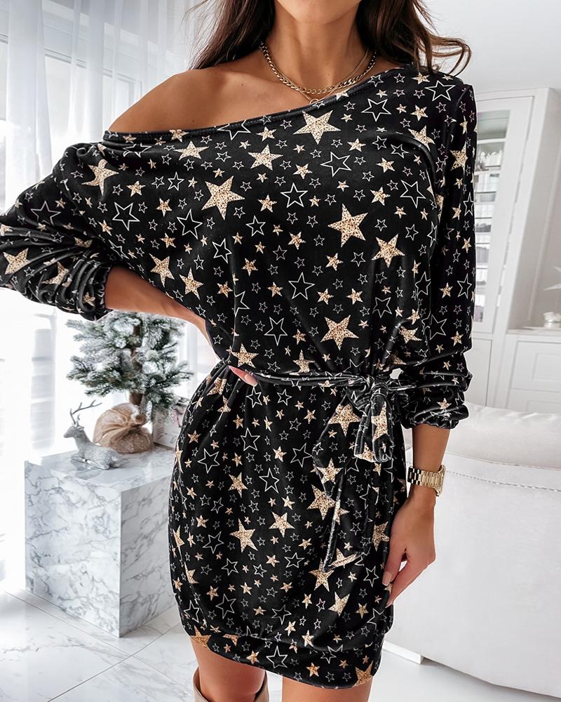 

Star Print Long Sleeve Casual Dress, Black