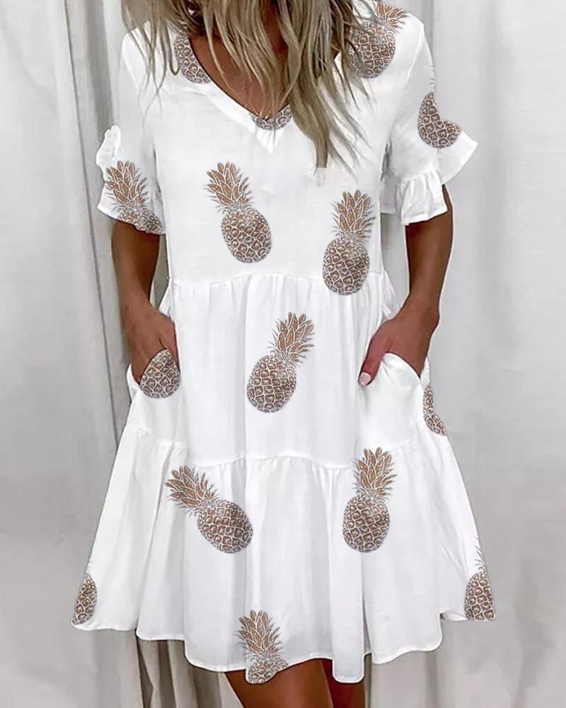 

Pineapple Print Ruffles Casual Dress, White