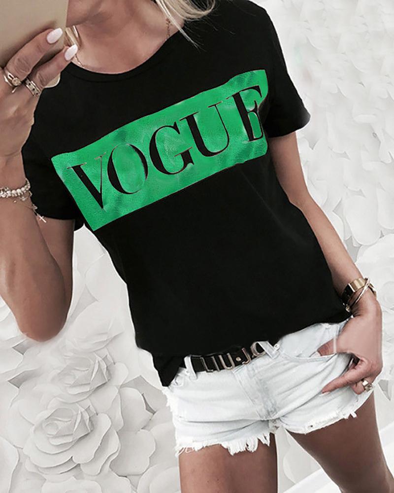 

Short Sleeve Letter Print Top, Green