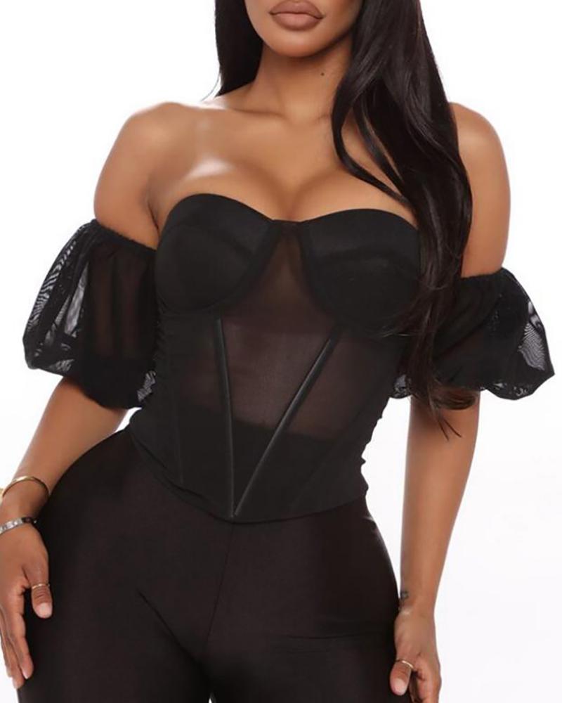 

Off Shoulder Lantern Sleeve Zip Back Corset Top, Black