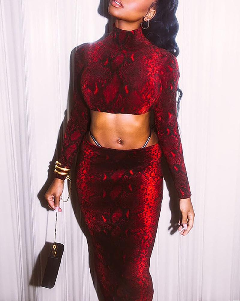 

Snakeskin Crop Top & Skirt Sets, Red