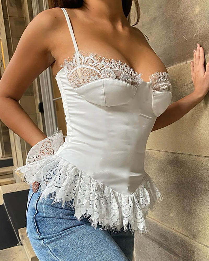 

Contrast Lace PU Leather Cami Tank, White