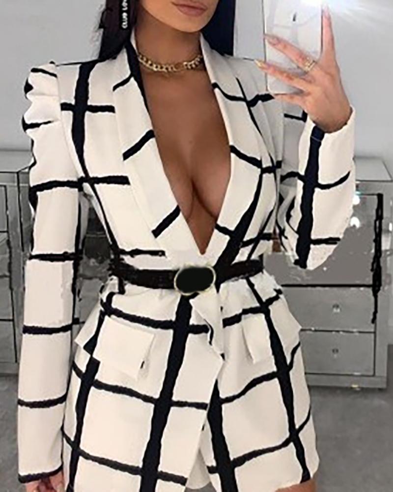 

Plaid Pattern Puffed Sleeve Pockets Design Blazer Coat, White