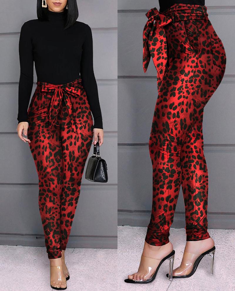 

Leopard Design Casual Pants, Red