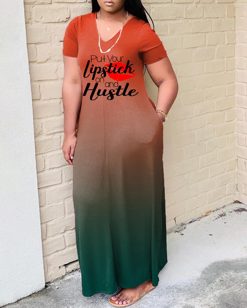 

Letter Lip Print Ombre Colorblock Pocket Design Maxi Dress, Red
