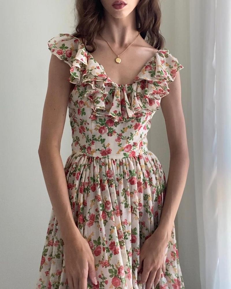 

Ruffles Hem Floral Print Midi Dress, White