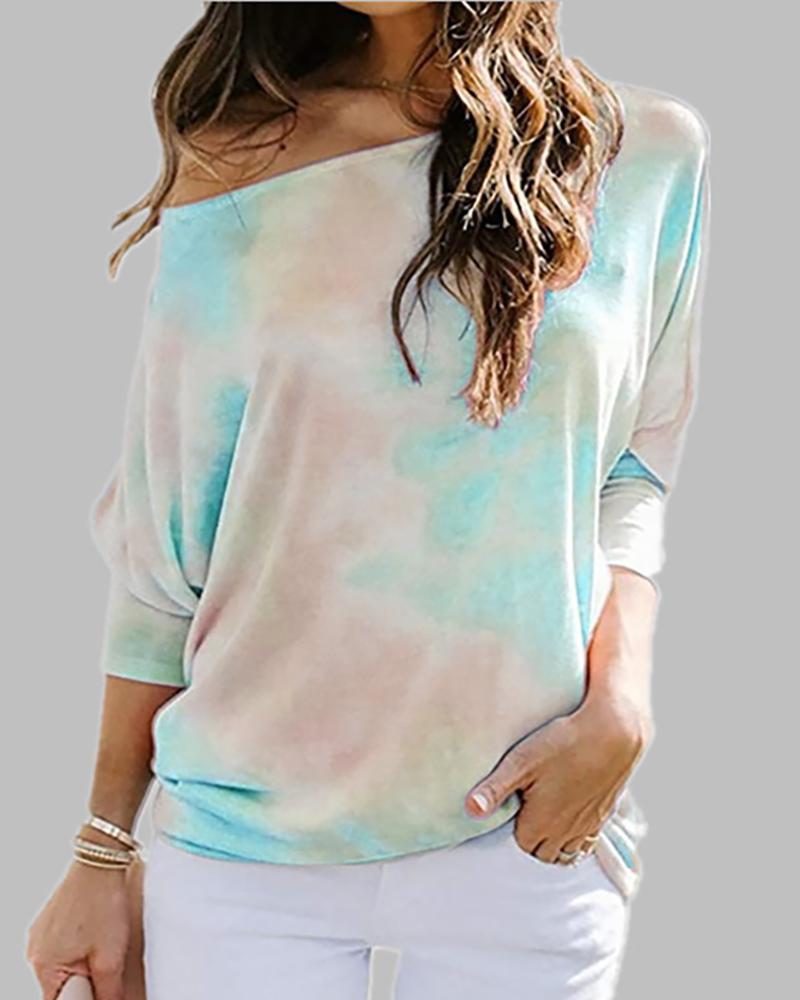 

Tie Dye Print Long Sleeve Casual Top, Green