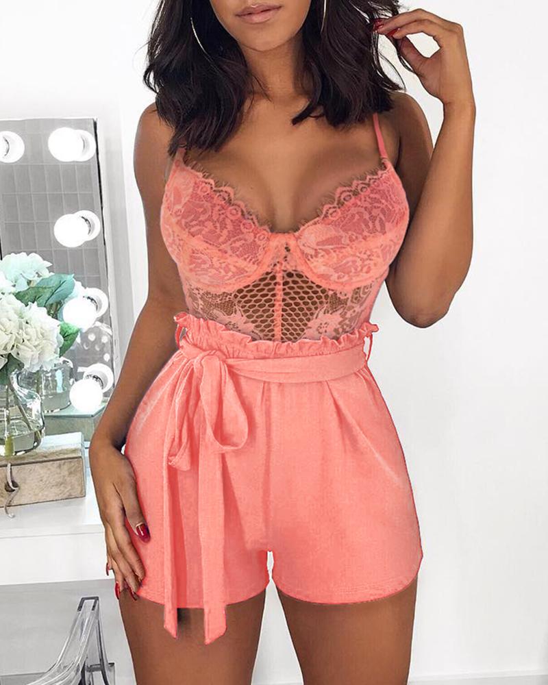 

Spaghetti Strap Eyelash Lace Rompers, Pink