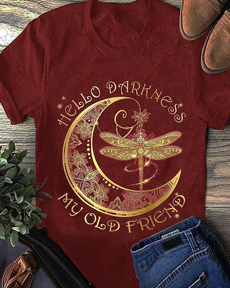 

Dragonfly/Moon/Letter Print Short Sleeve Casual T-shirt, Red