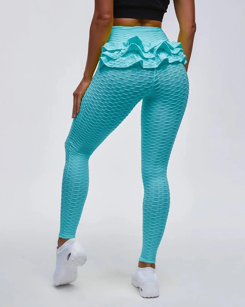 

Plain Textured Ruffle Hem Sports Leggings, Blue