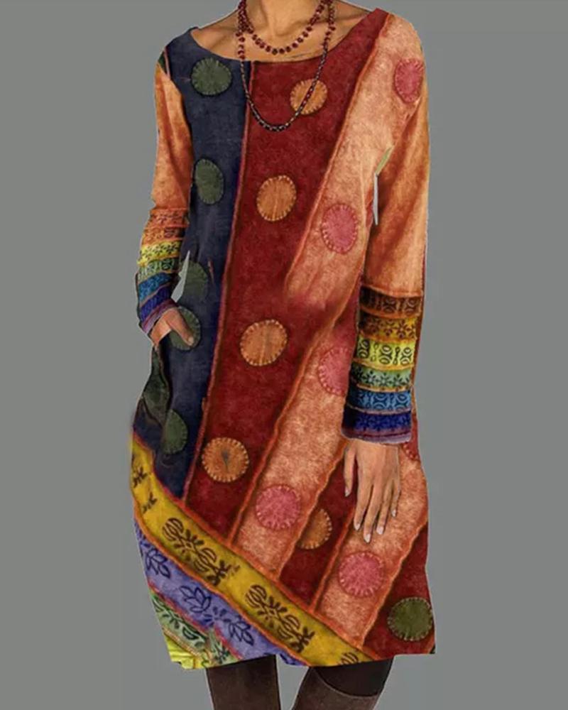 

Plus Size Colorblock Pocket Design Long Sleeve Dress, Khaki