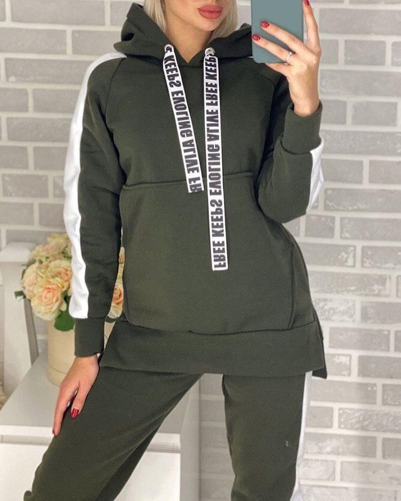 

Colorblock Side Slit Hooded Top & Pants Set, Army green