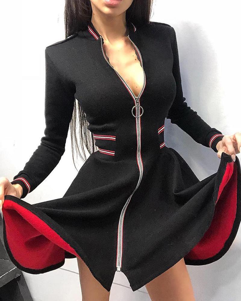 

Long Sleeve Skinny Zipper Design Mini Dress, Black