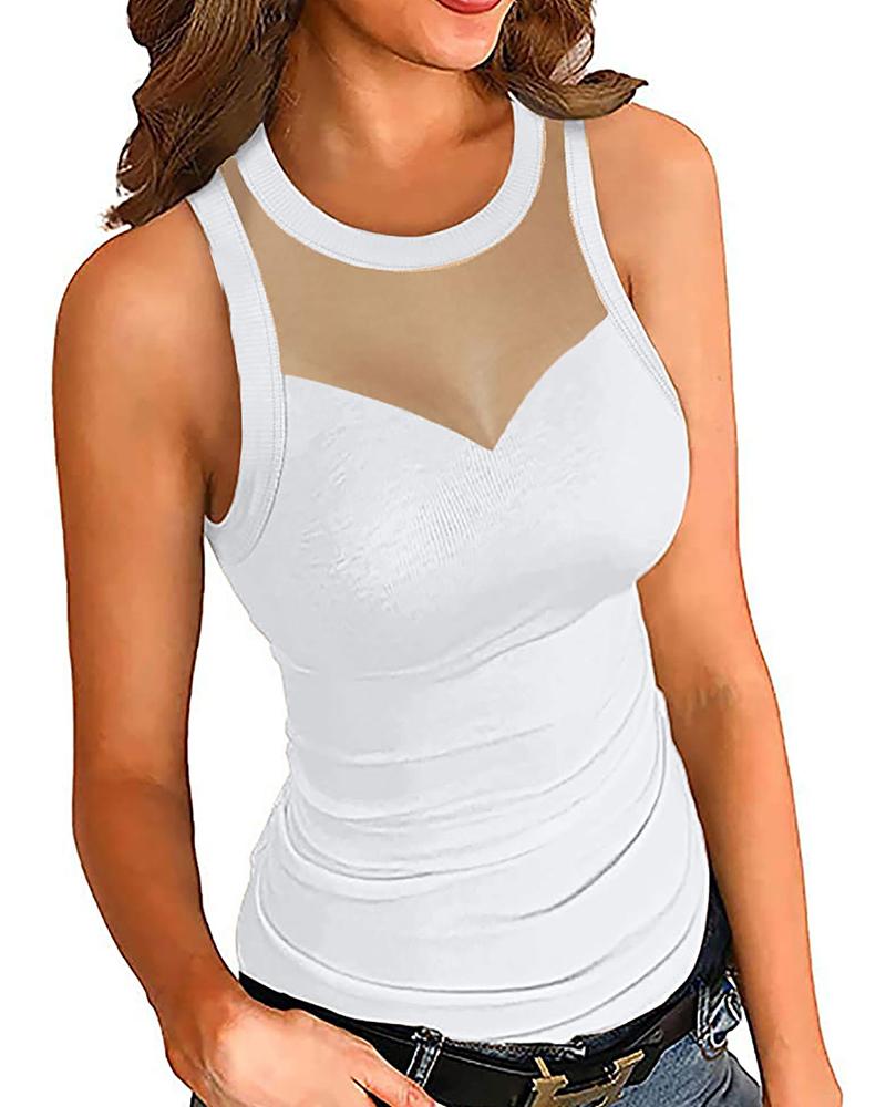 

Round Neck Sheer Mesh Plain Sleeveless Top, White