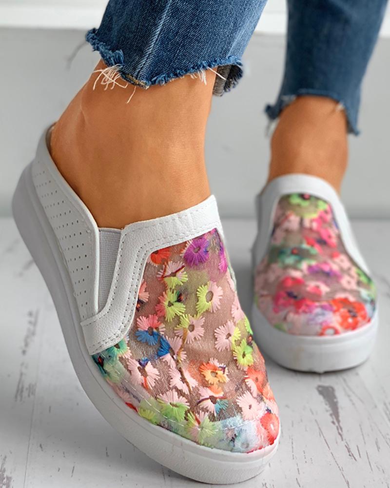 

Floral Pattern Sheer Mesh Casual Muffin Shoes, White