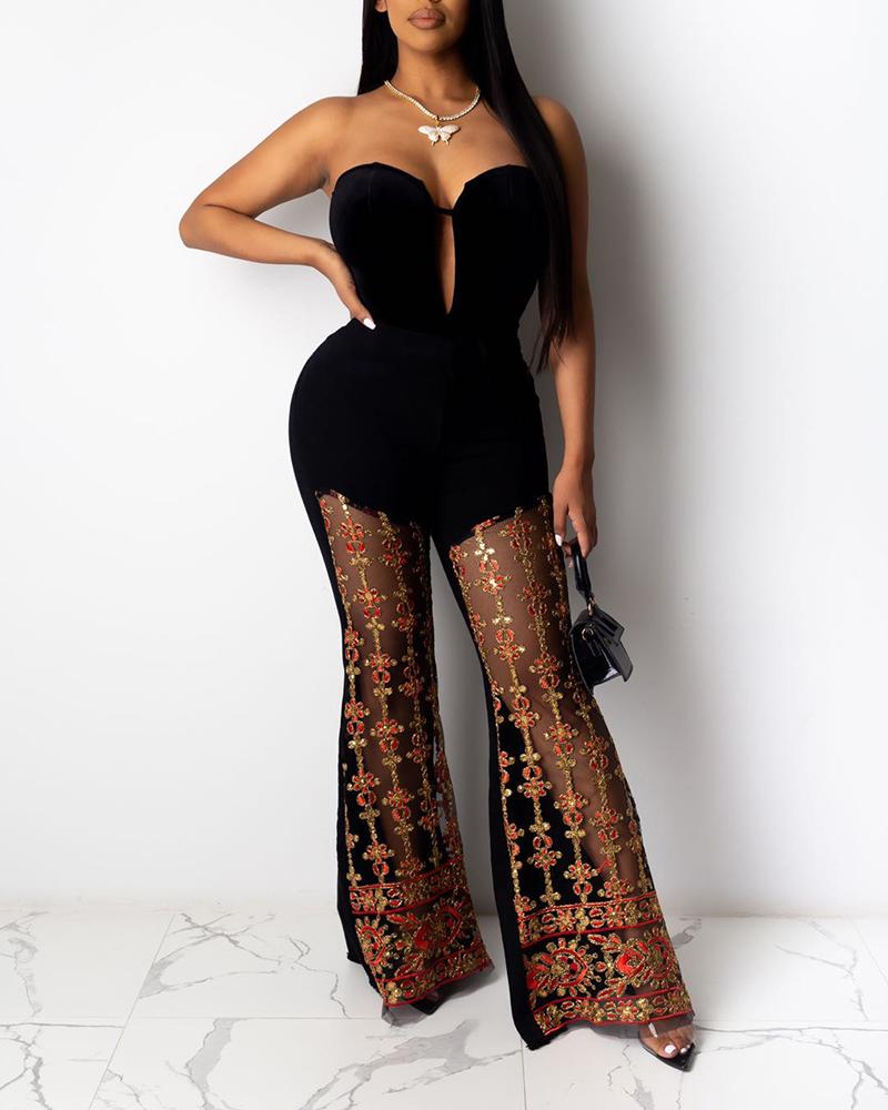 

Bandeau Applique Mesh Cutout Jumpsuit, Black