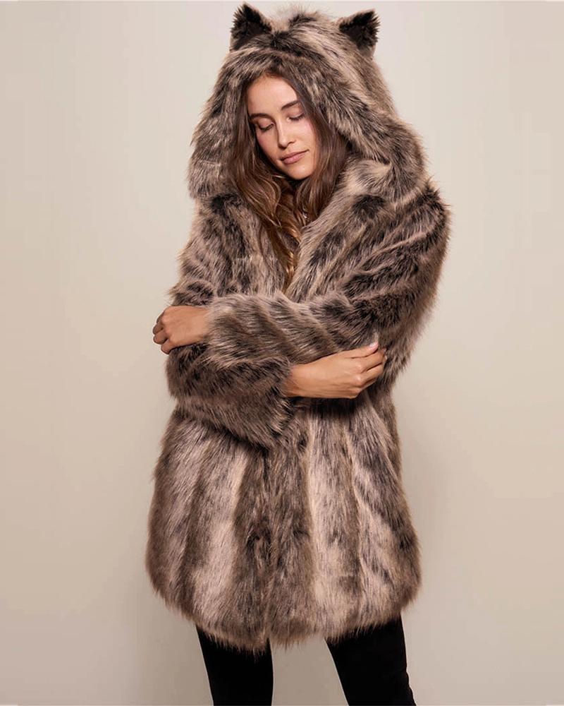 

Cheetah Print Faux Fur Hooded Coat, Brown