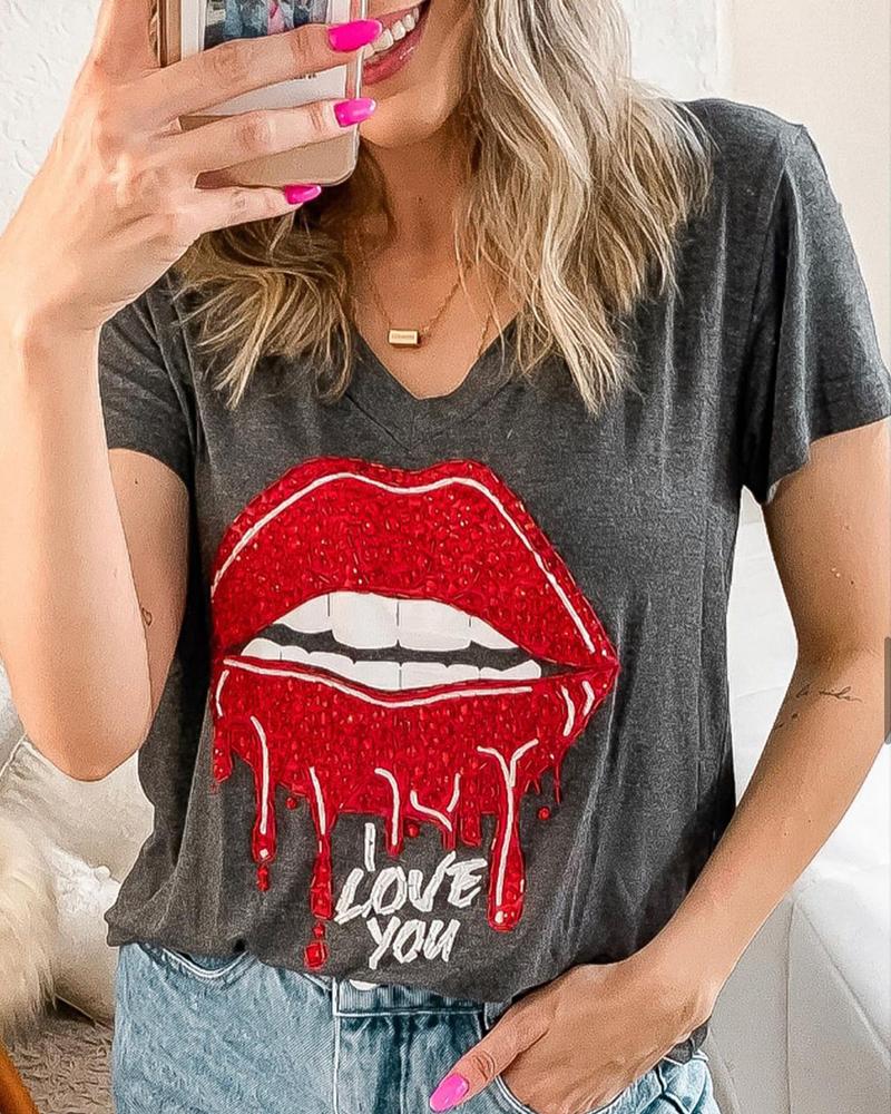 

Lip Letter Print Short Sleeve T-shirt, Gray