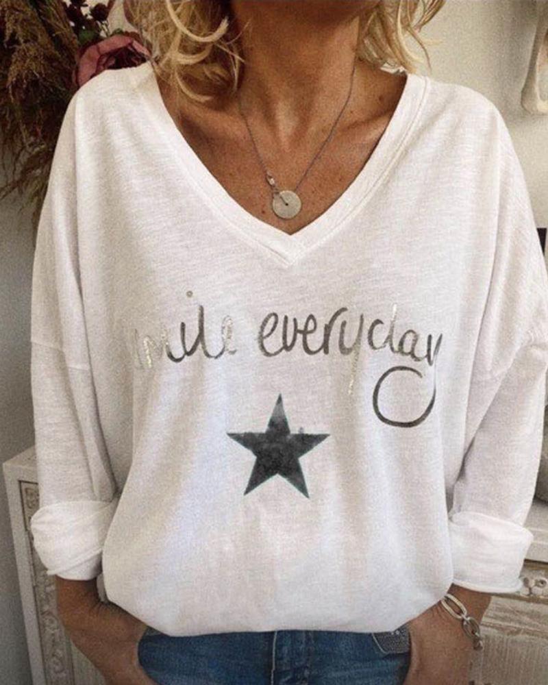 

Letter Star Print Long Sleeve Casual T-shirt, Black