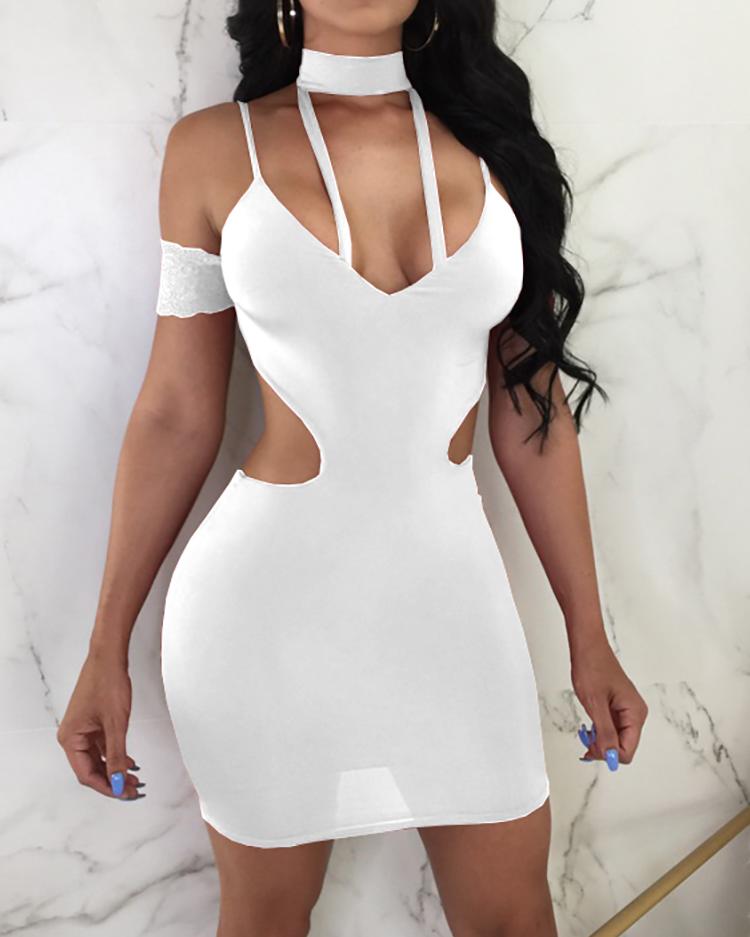 

Strappy Cold Shoulder Backless Choker Neck Slip Party Dress, White
