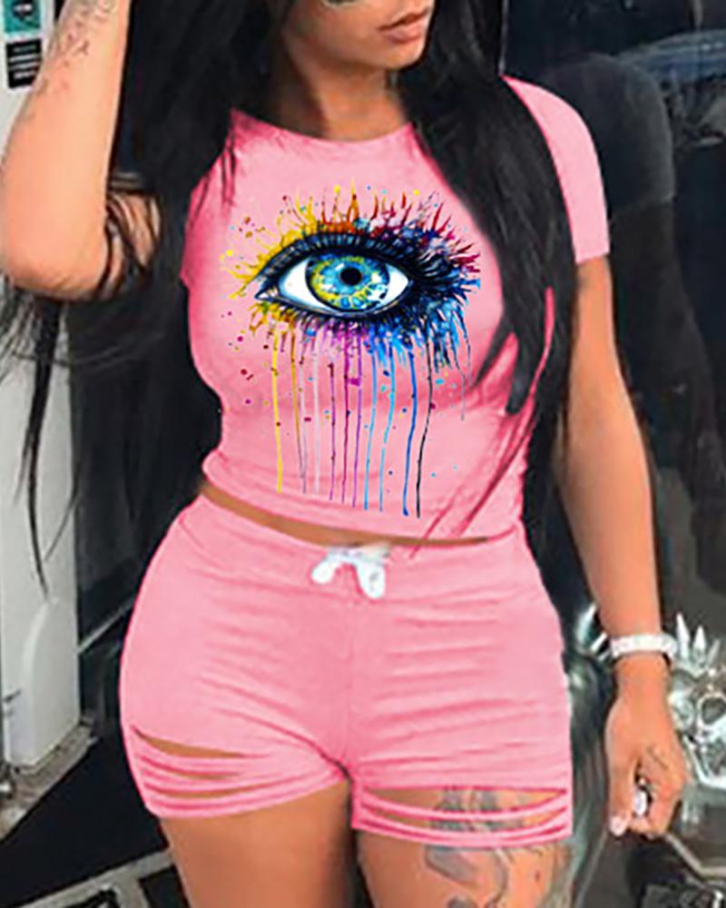

Eye Print Colorblock Top & Cutout Shorts Set, Pink