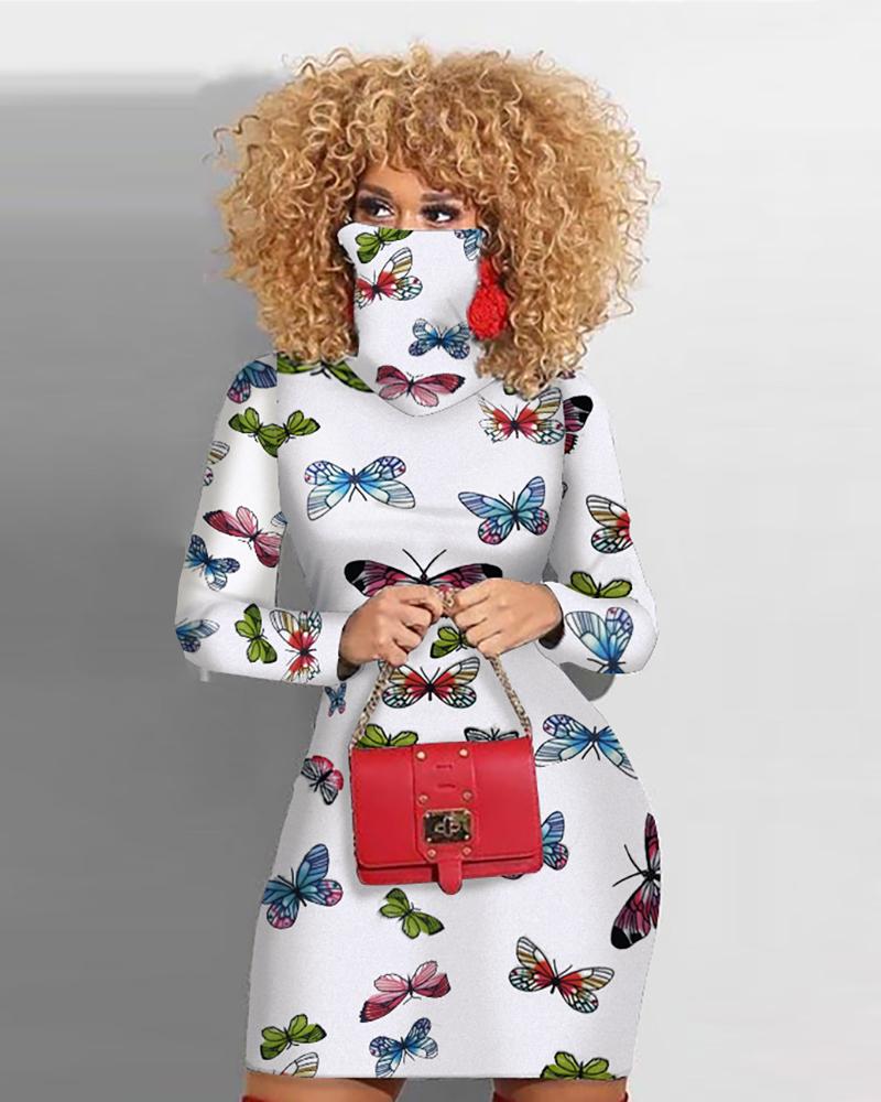

Butterfly Print Long Sleeve Bodycon Dress With Face Mask, White