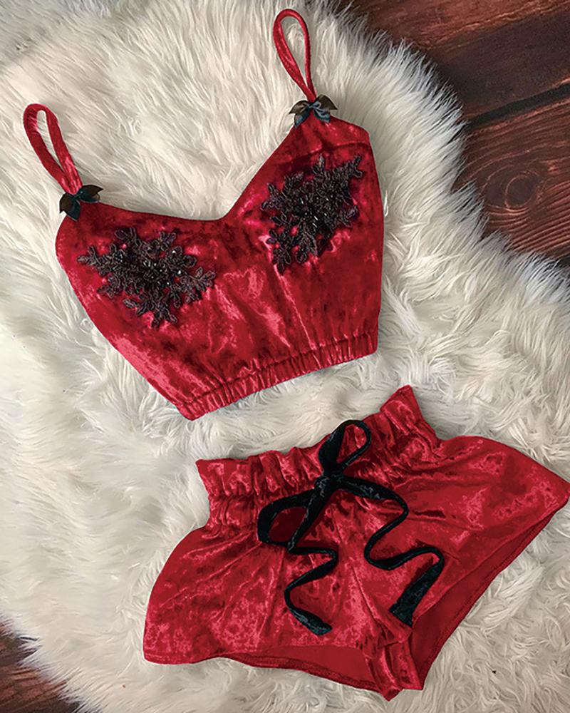 

Guipure Lace Bowknot Decor Velvet Cami Set, Red