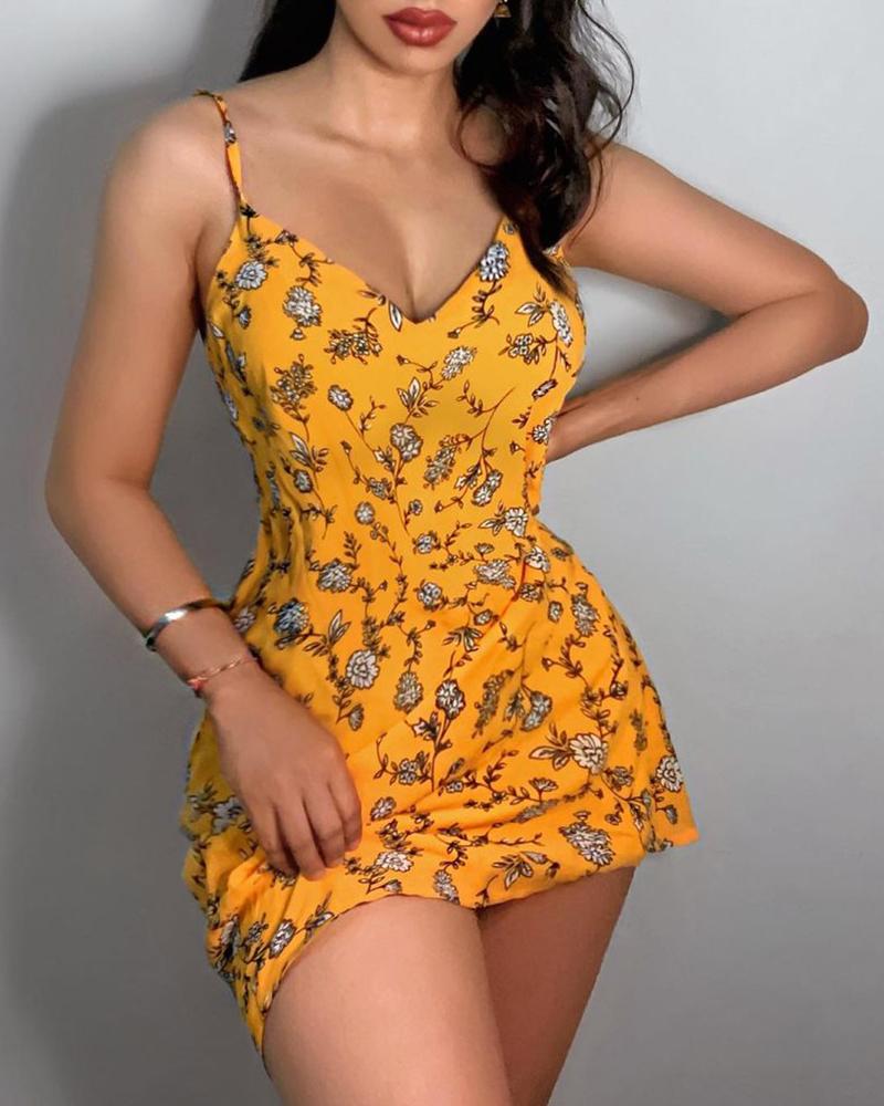 

Floral Print Spaghetti Strap V-Neck Mini Dress, Yellow