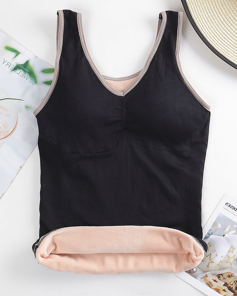 

Flannel Bra Vest Thermal Plush Underwear Thick Warm Elastic Tops, Black