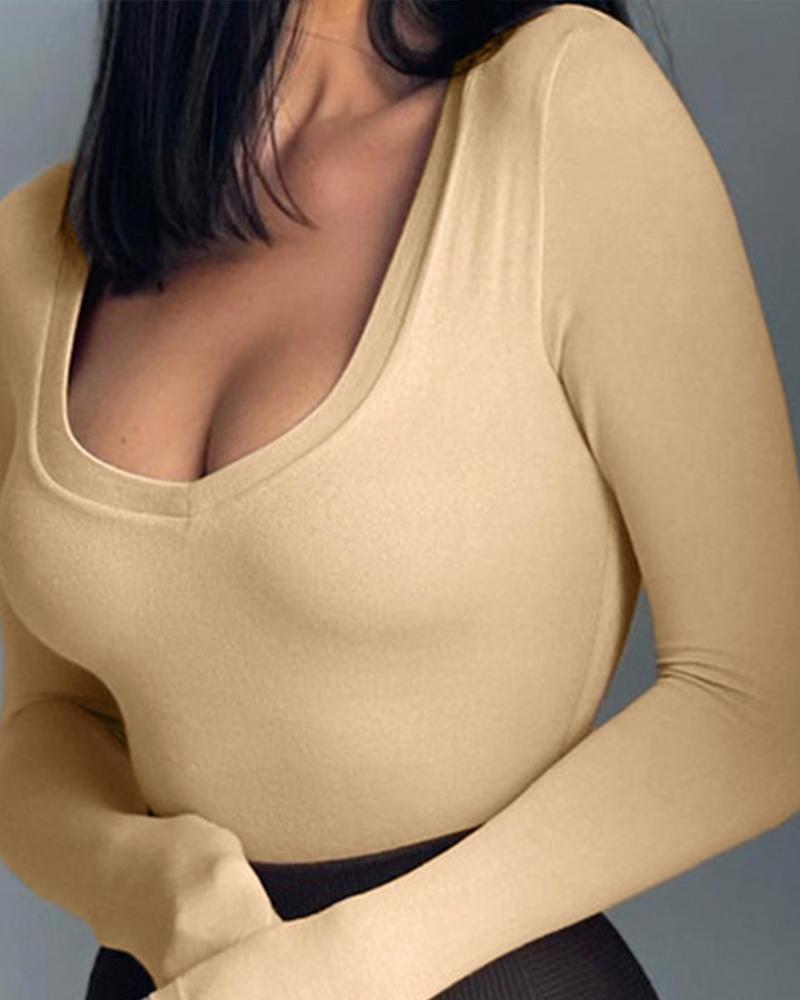 

Solid Long Sleeve Skinny Bodysuit, Khaki