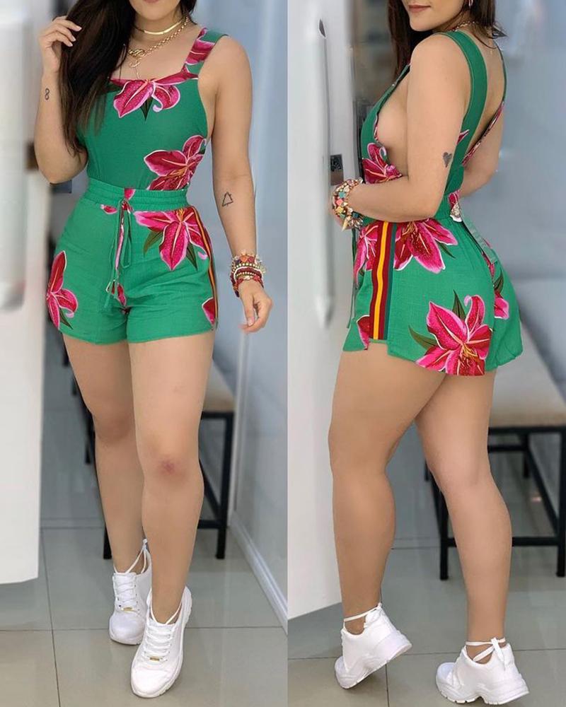 

Thick Strap Floral Print Top & Shorts Set, Green