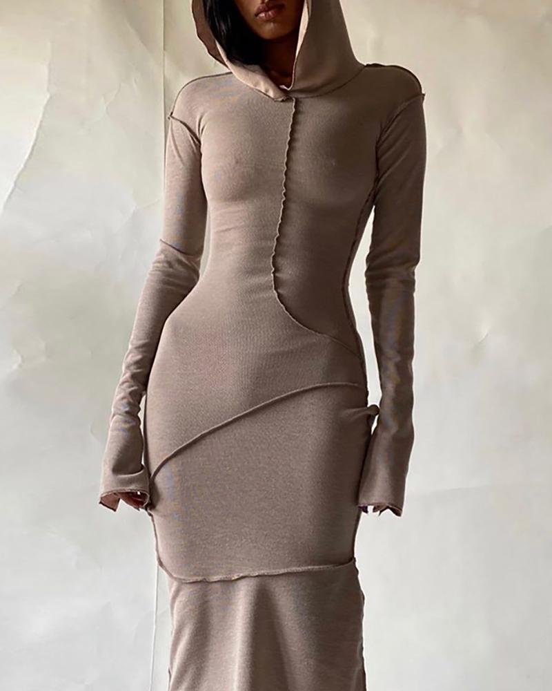 

Colorblock / Plain Flared Sleeve Hooded Maxi Dress, Khaki