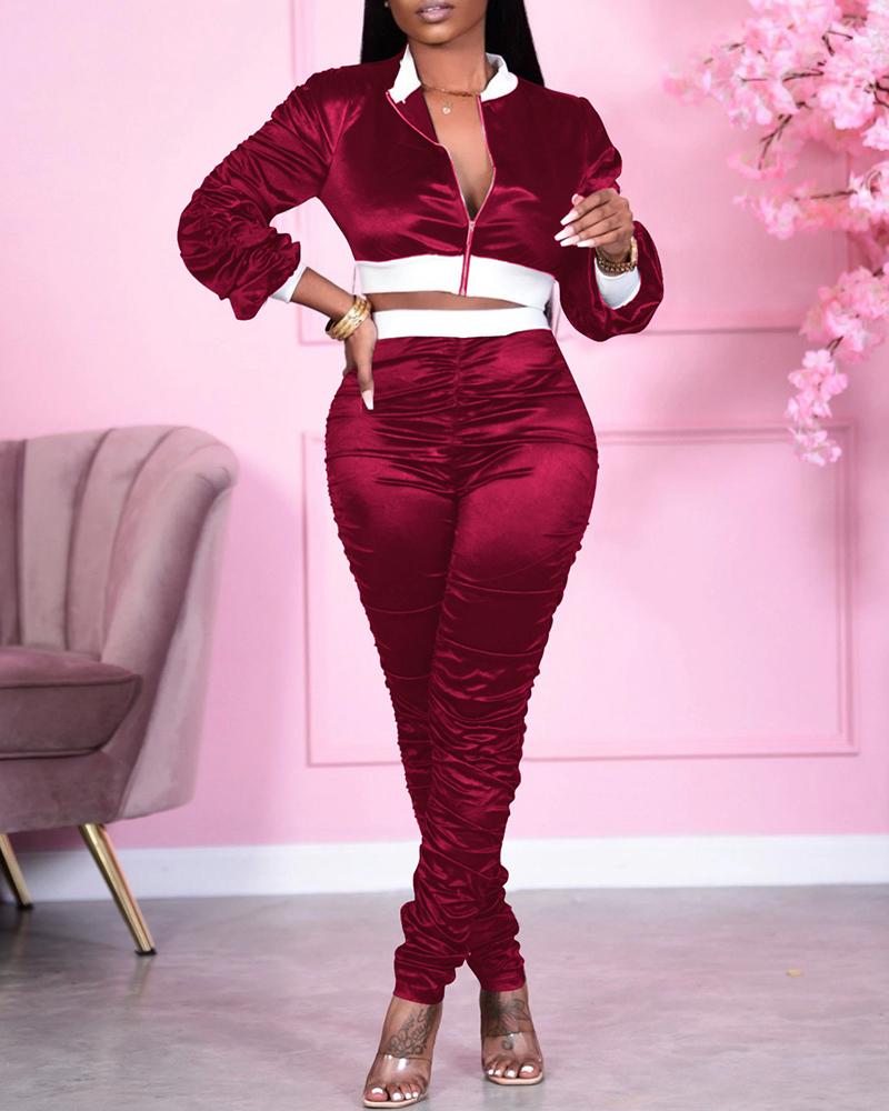 

Colorblock Zip Top & Ruched Pants Set, Wine red