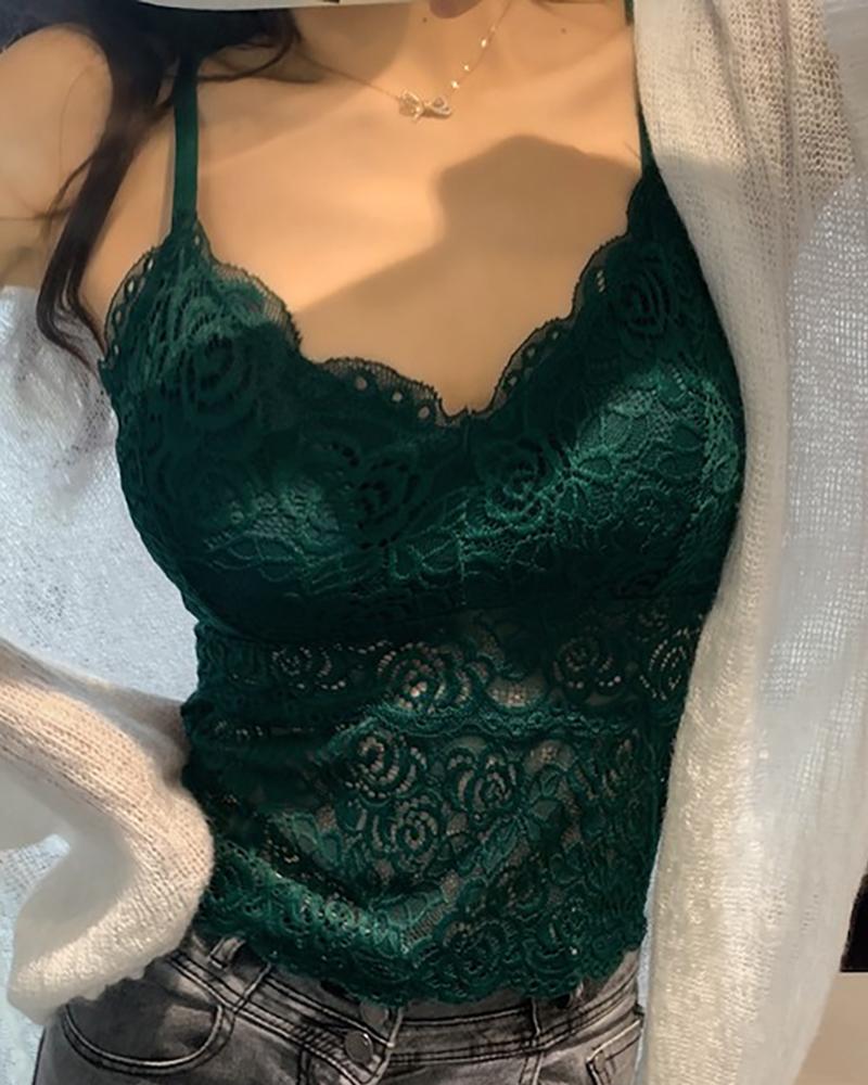 

Lace Solid Spaghetti Strap Women Top, Green