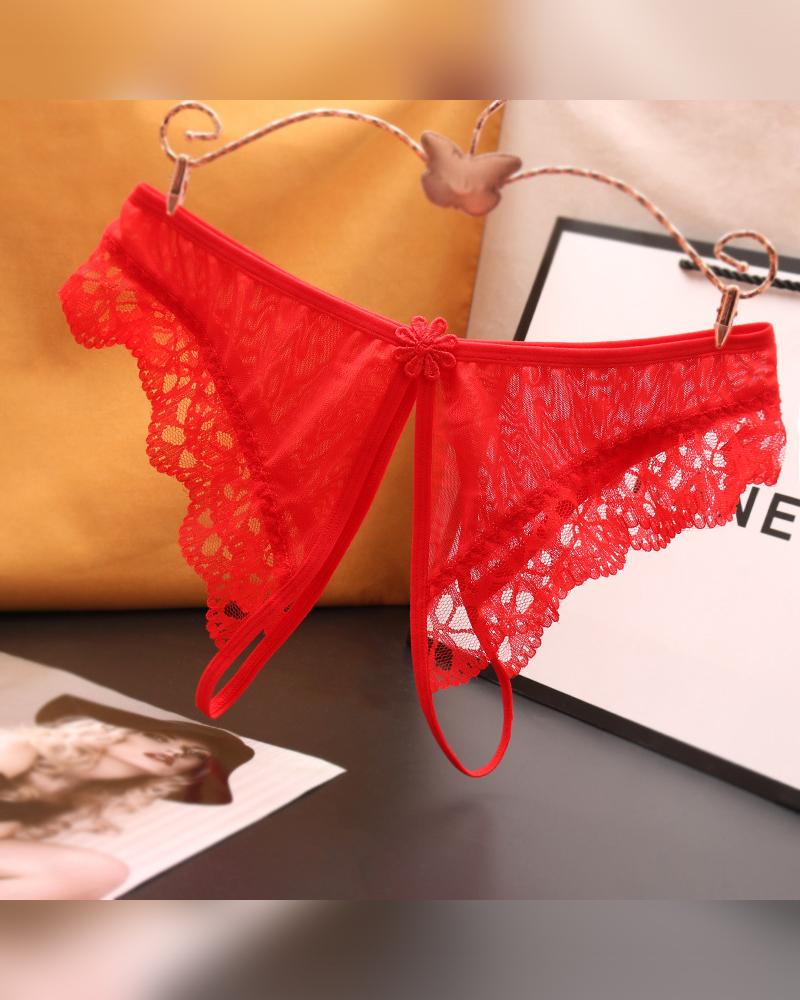 

Solid Lace Contrast Skinny T-string Panties, Red