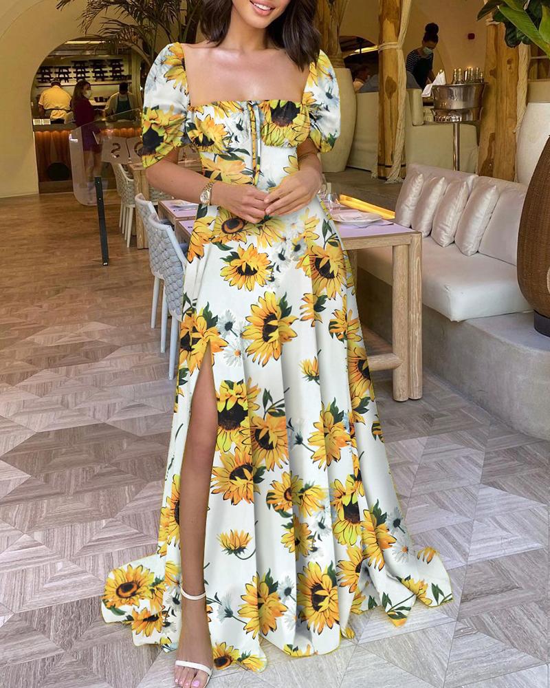 

Sunflower Print High Slit Maxi Dress, Yellow