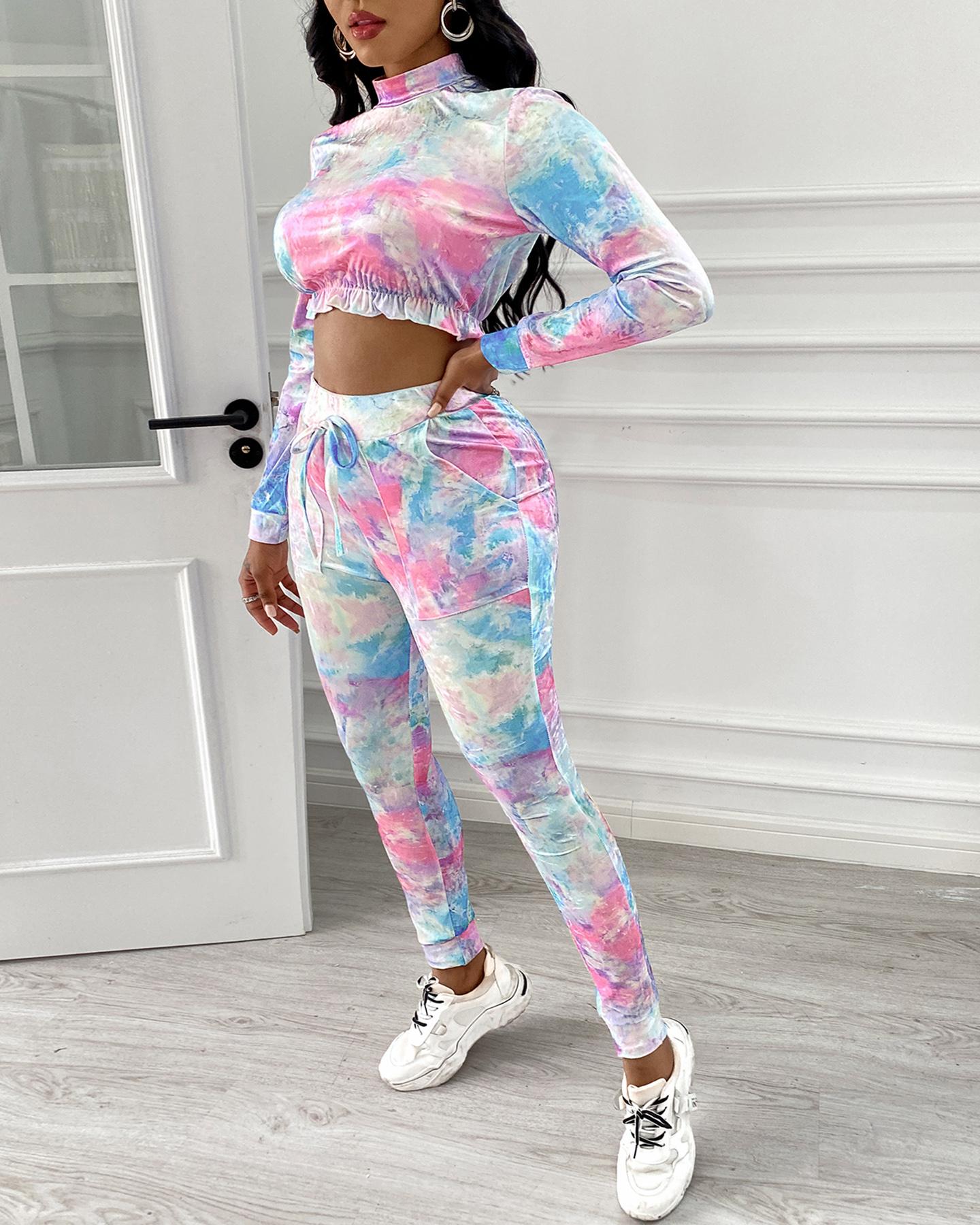 

Tie Dye Print Crop Women Top & Drawstring Pants Set, Multicolor