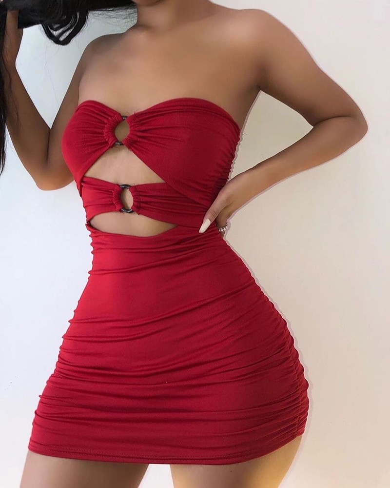 Bandeau O Ring Design Cutout Ruched Bodycon Dress