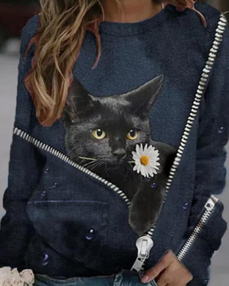

Cat Graphic Print Long Sleeve Top, Dark blue