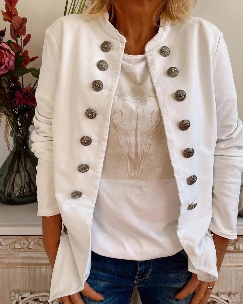 

Solid Button Design Long Sleeve Casual Coat, White