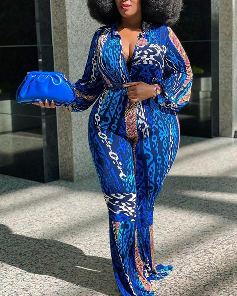 

All Over Printing Lace-up Long Sleeve Jumpsuit, Blue