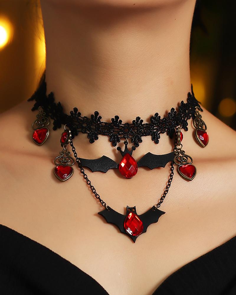 

Halloween Bat Pattern Rhinestone Lace Necklace, Black
