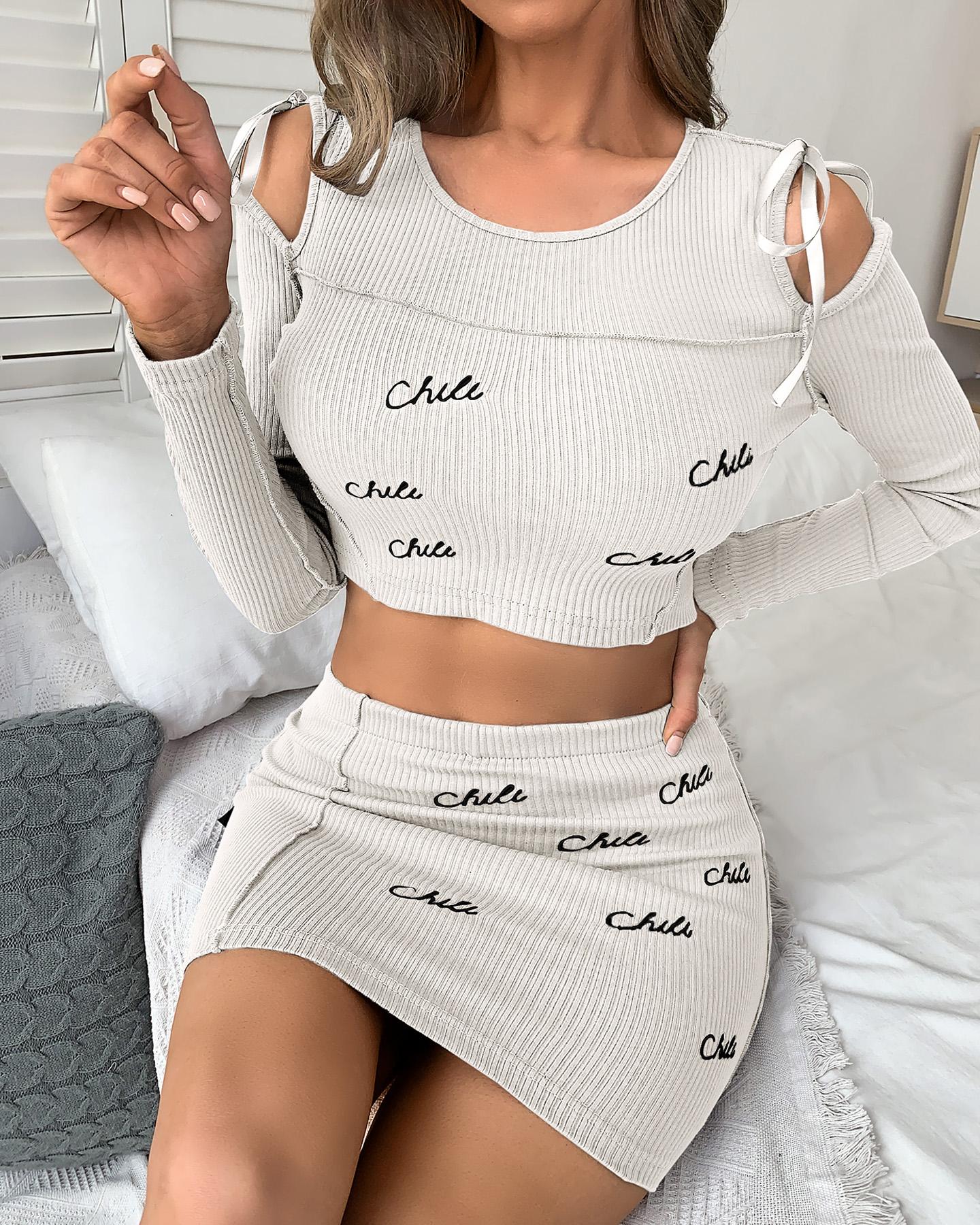 

Letter Embroidery Cold Shoulder Top & Skirt Set, White