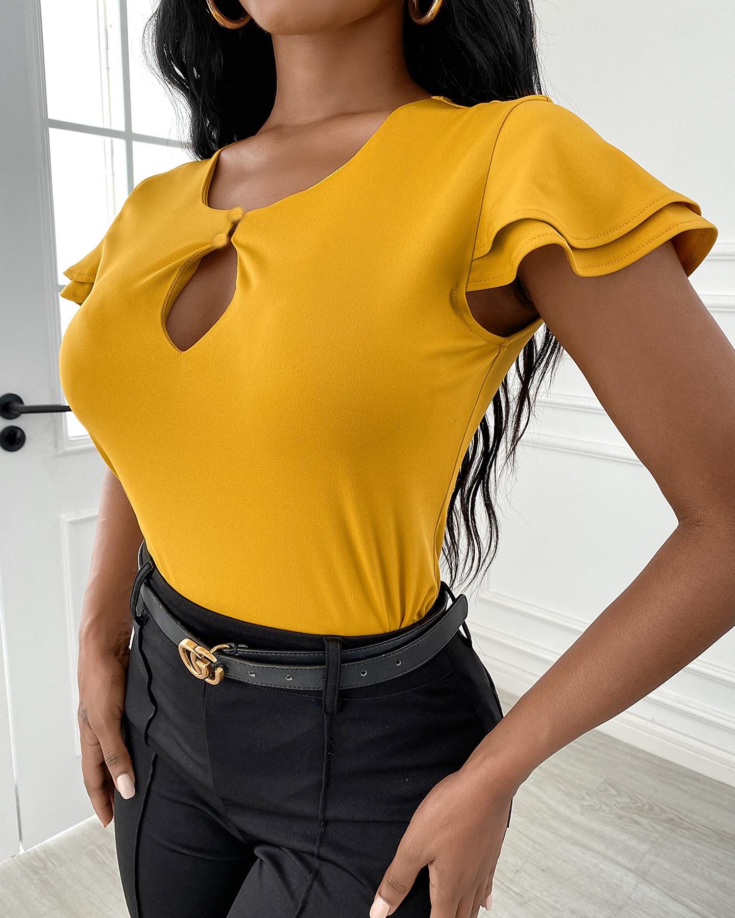

Cutout Front Ruffle Hem Short Sleeve T-Shirt, Yellow