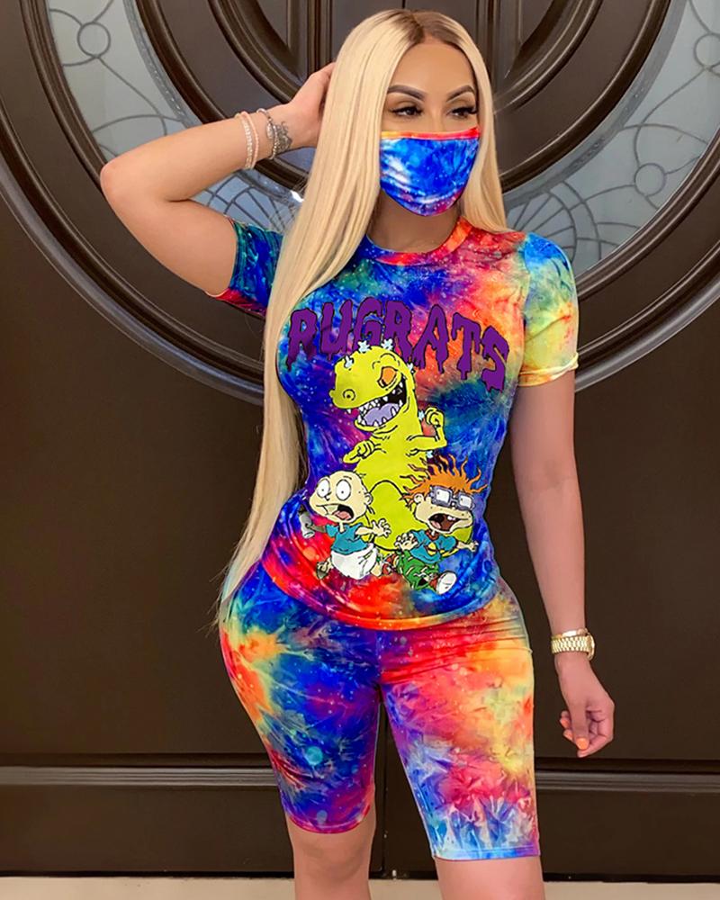 

Tie Dye Cartoon Print Casual Top With Face Bandana & Shorts Set, Multicolor